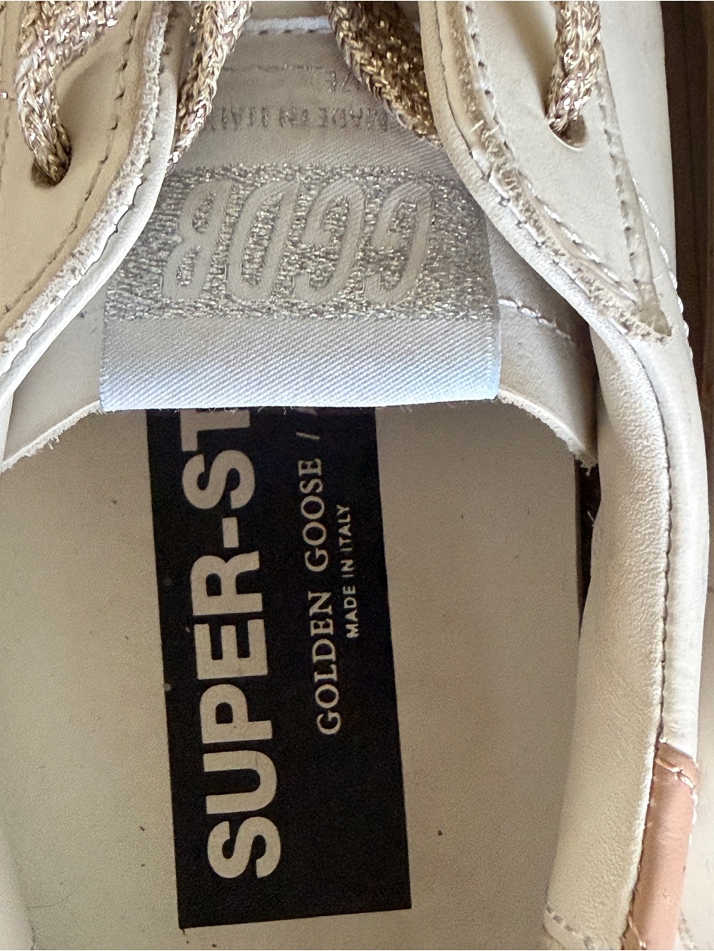 Golden Goose White Leather Sneakers with Gold Braided Laces and Blush Heel - Picture 2 of 9